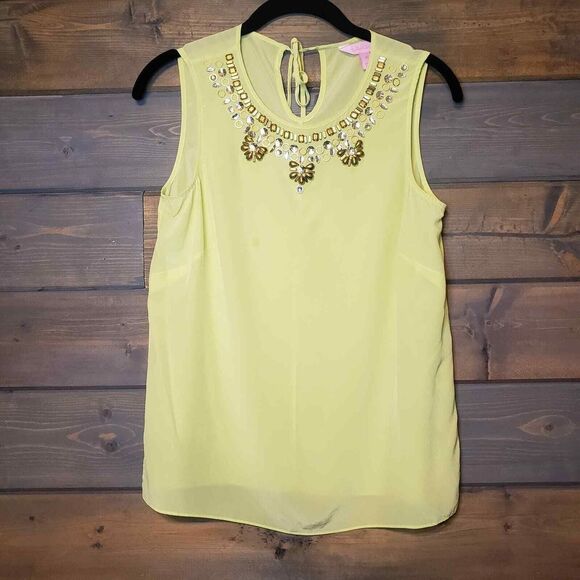 Lilly Pulitzer Havana 100% Silk Embellished Top in Kelp Green Yellow Size XS - Picture 12 of 12
